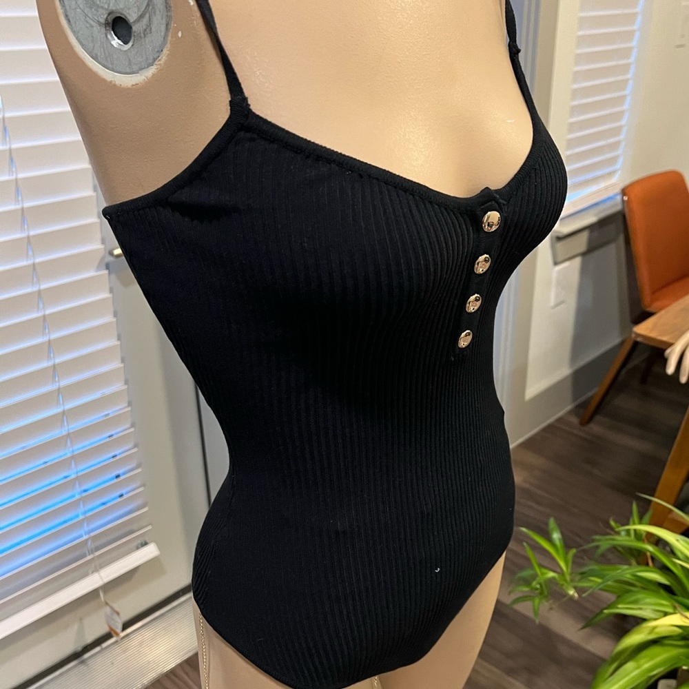 Chic Black Ribbed Women's Bodysuit